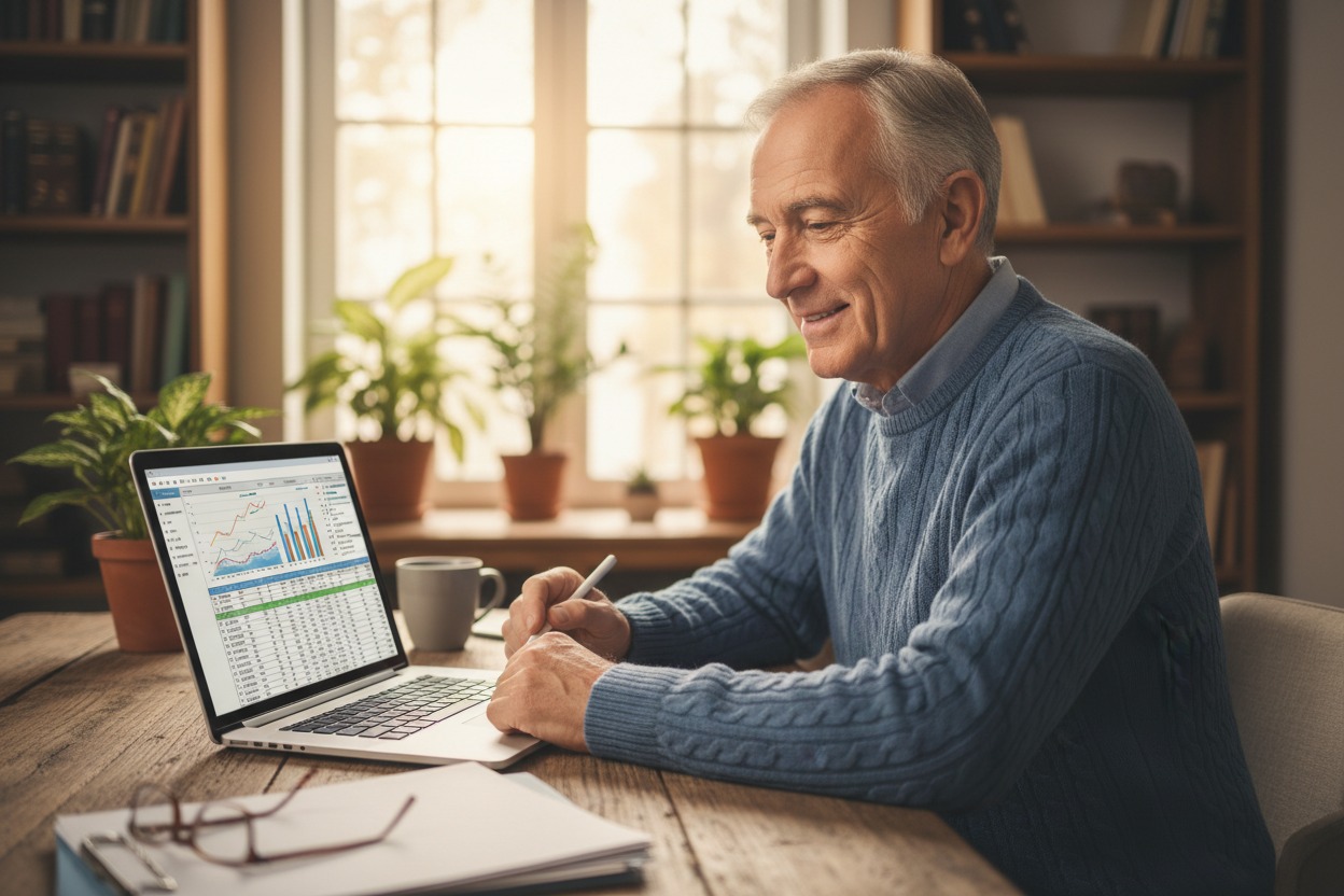 An older man in a blue sweater sits at a wooden desk with a laptop, looking at financial charts and holding a stylus.