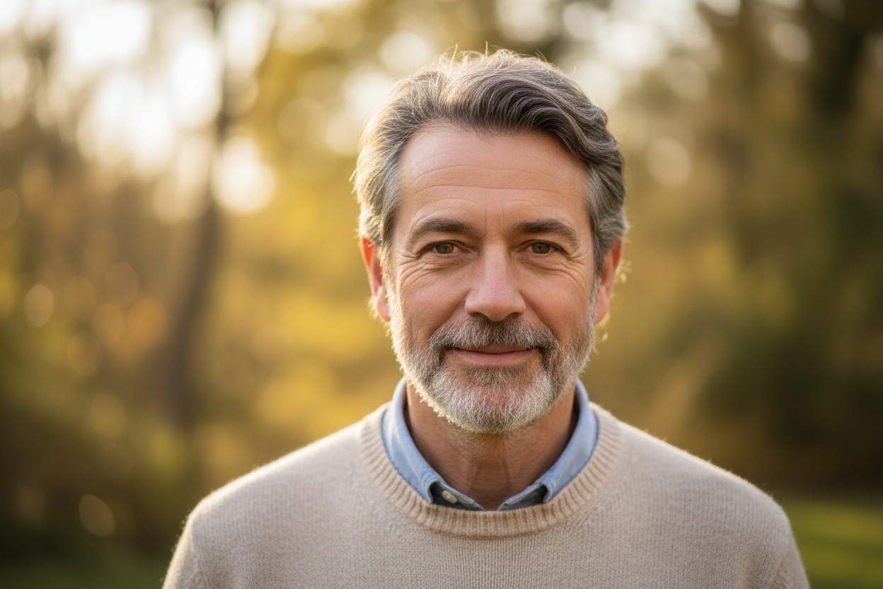 A smiling middle-aged man with graying hair and a trimmed beard stands outdoors against a softly blurred background.